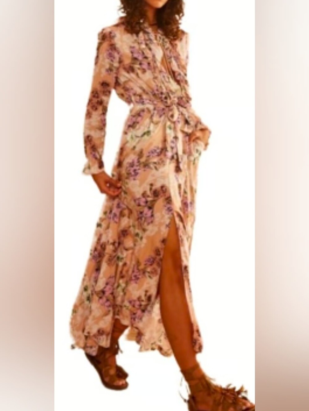Jaase Chantal Lily Boho Floral Ruffle Maxi, Long Sleeves, Plunging Neckline S